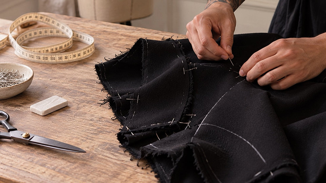 Mains de créateur épinglant un crêpe noir dans l'atelier ARONA PARIS, mode made-to-order