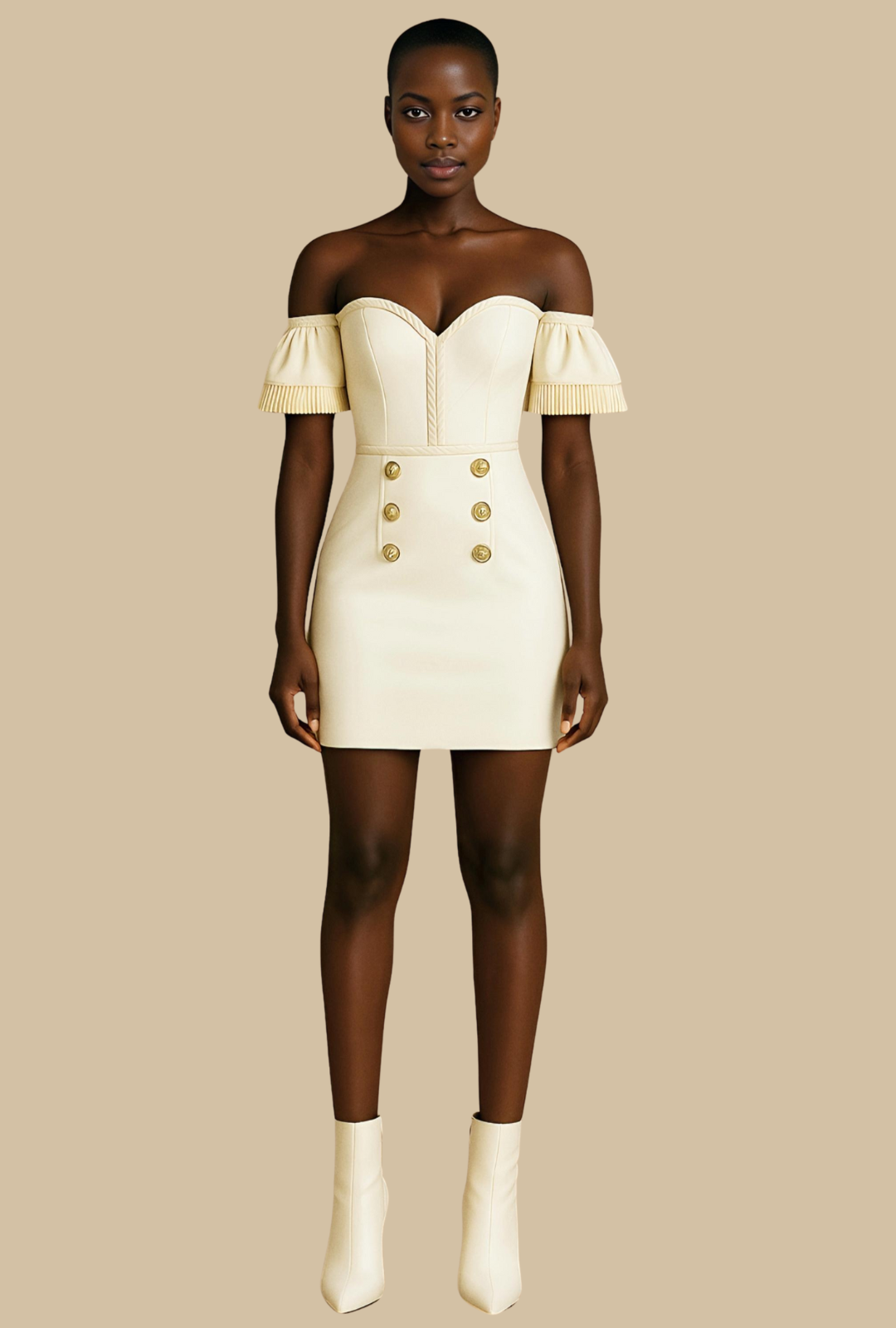 Robe courte ivoire bustier à manches bouffantes