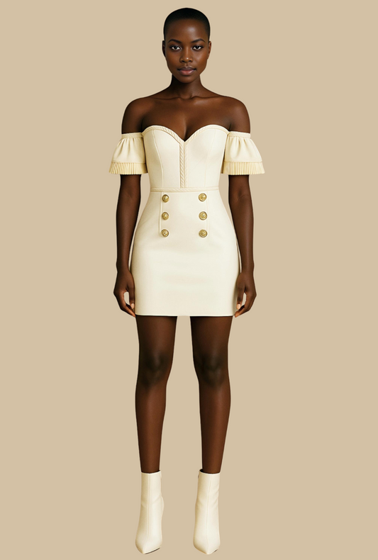 Robe courte ivoire bustier à manches bouffantes