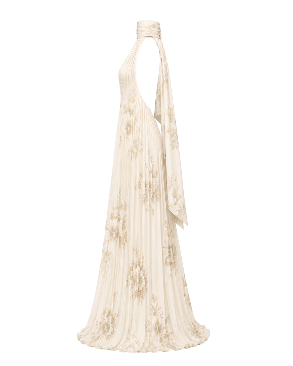 Robe longue plissée HINA ligne ivoire, vue de profil, collection HIVA Arona Paris