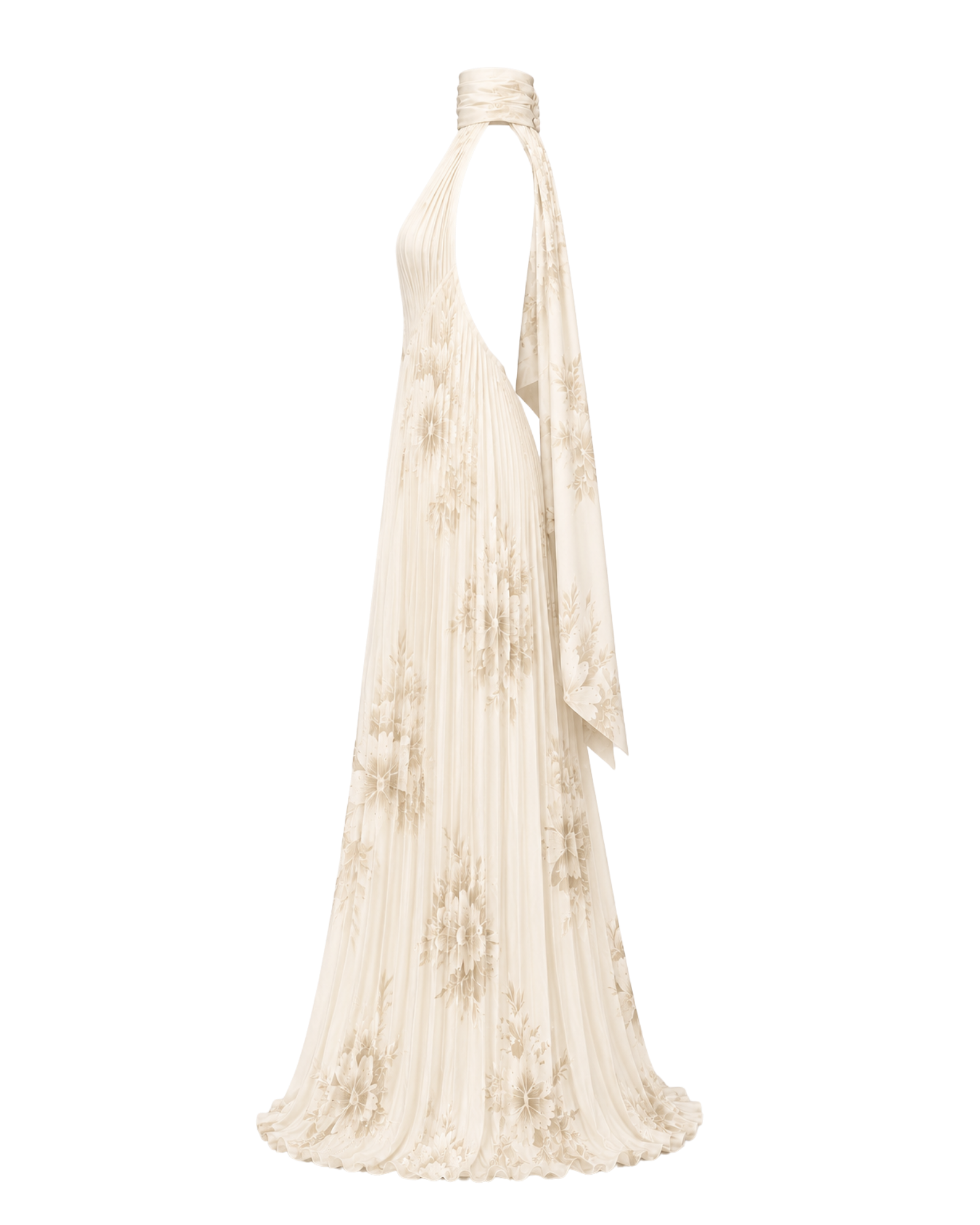 Robe longue plissée HINA ligne ivoire, vue de profil, collection HIVA Arona Paris