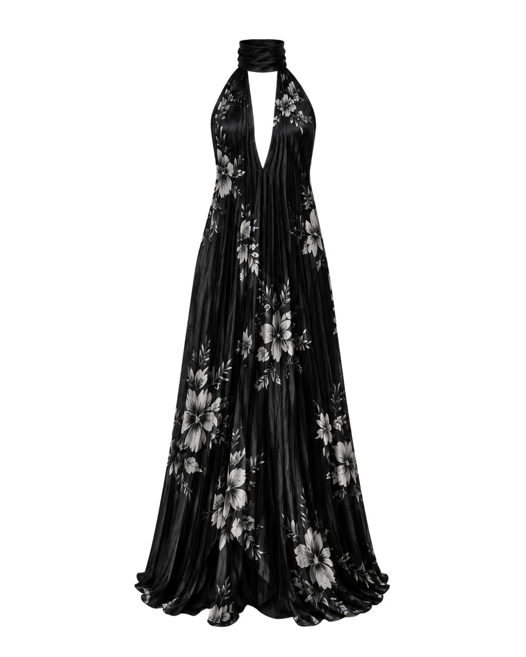 Robe longue plissée HINA ligne noire, vue de face, collection HIVA Arona Paris