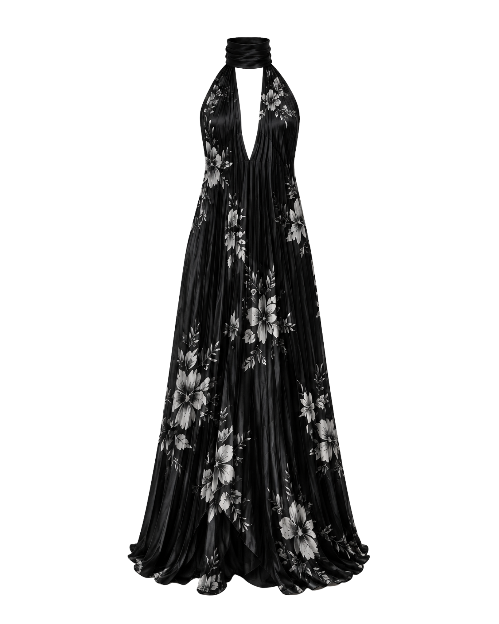 Robe longue plissée HINA ligne noire, vue de face, collection HIVA Arona Paris