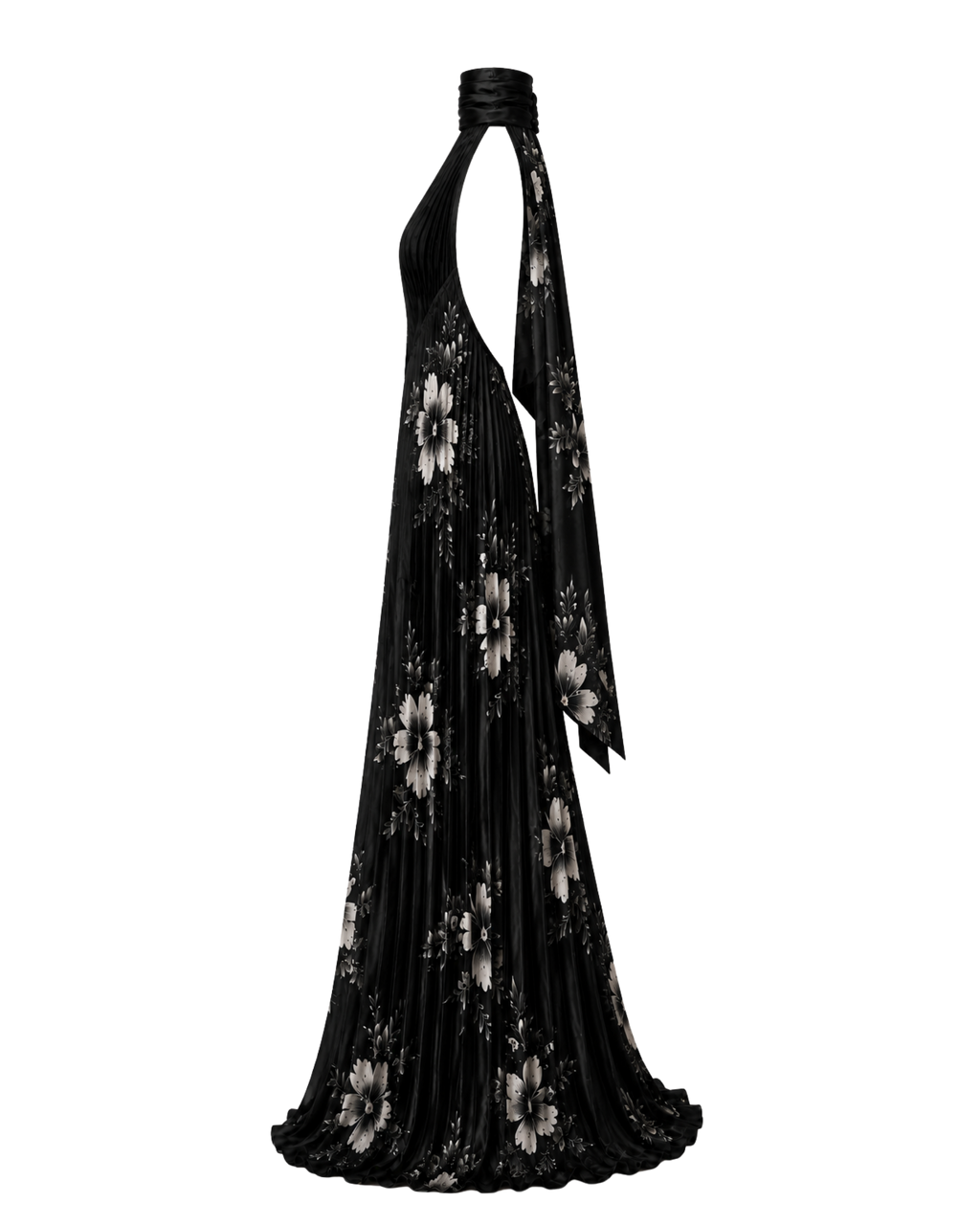 Robe longue plissée HINA ligne noire, vue de profil, collection HIVA Arona Paris