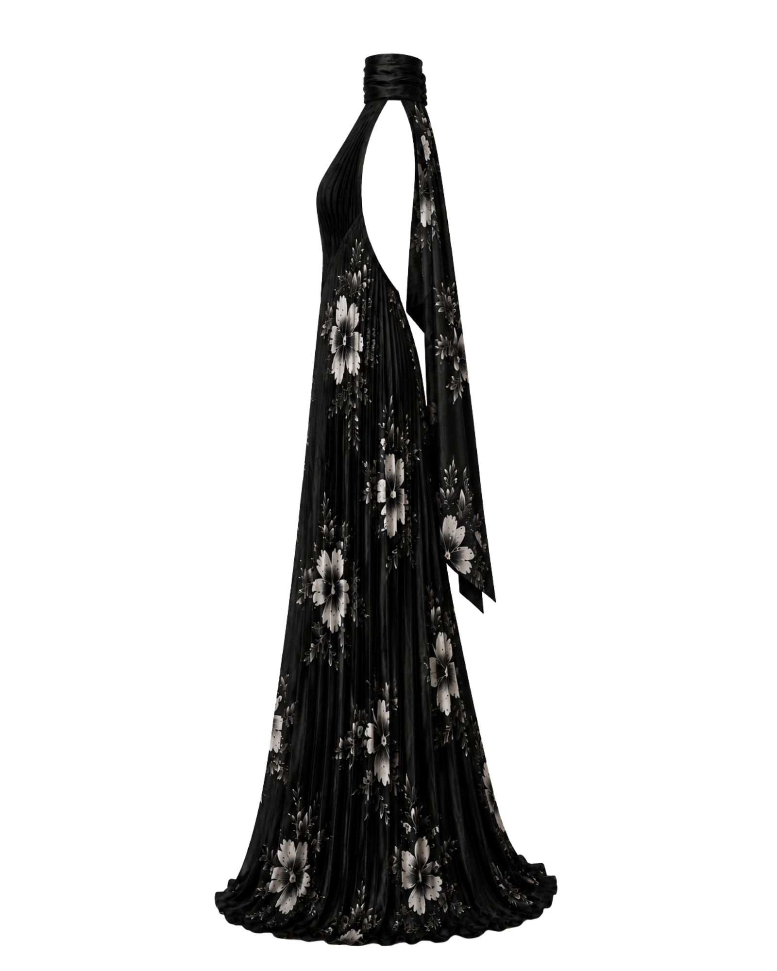 Robe longue plissée HINA ligne noire, vue de profil, collection HIVA Arona Paris